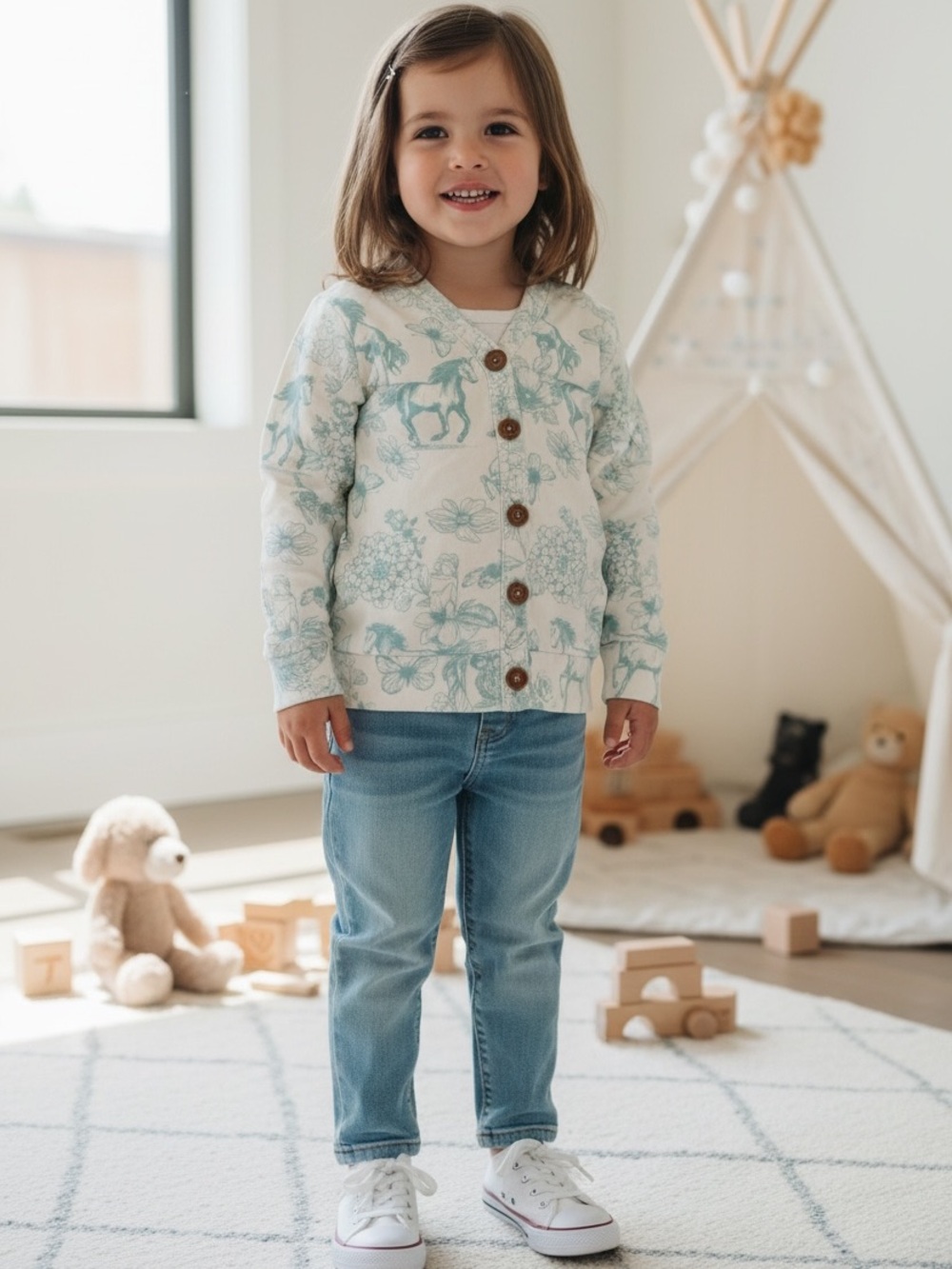 Posh Peanut Girls 2T Cardigan Horses Blue Toile Charlotte Anne Toddler Sweater